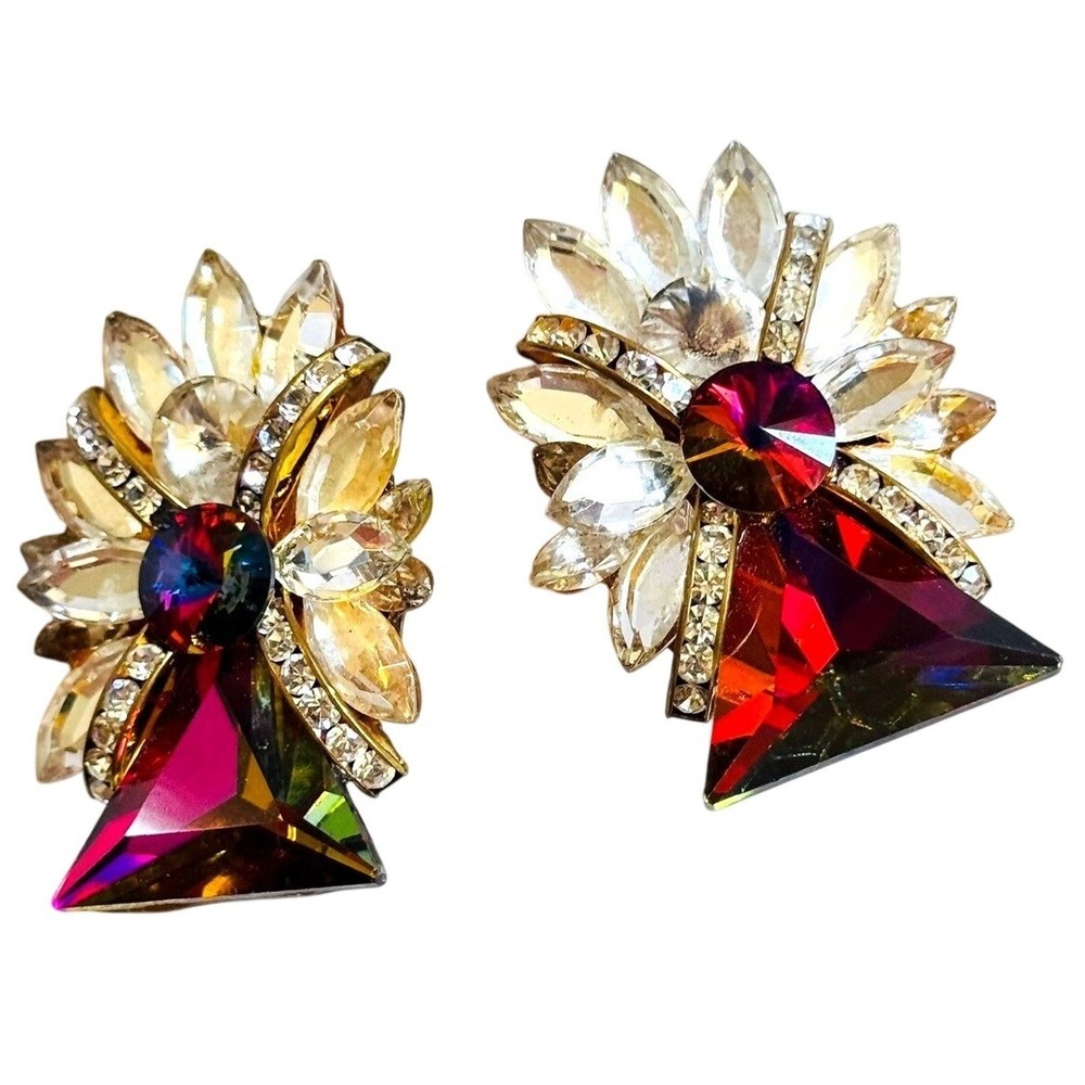 VTG Designs By SD Earrings Austrian Crystal rhinestone clip rivoli watermelon